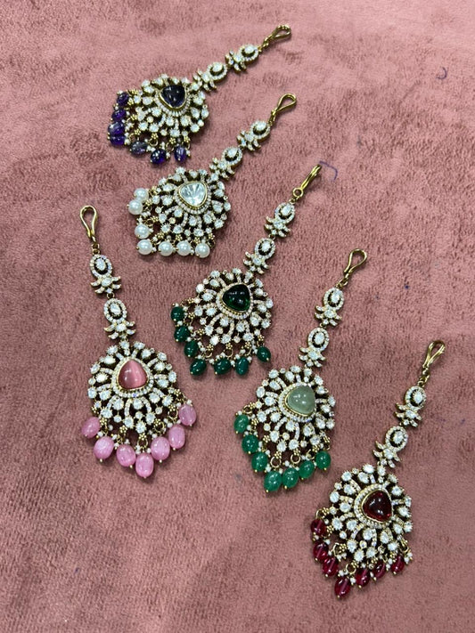 Elegant Victorian Finish CZ Stone Maang Tikkas/ Nethichutti -1pc