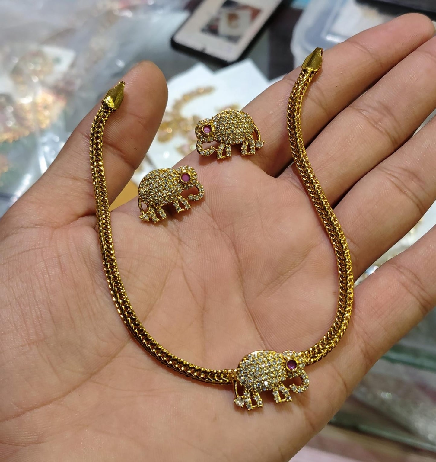 Elephant Charm Necklace & Stud Earrings Set - Antique Finish
