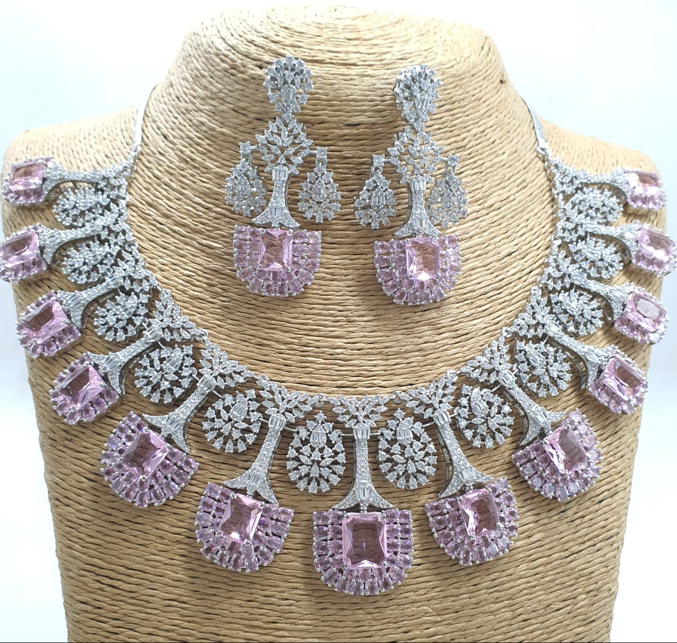Exclusive Premium Quality CZ Stone Bridal Necklace Set With Earrings - Silver Polish