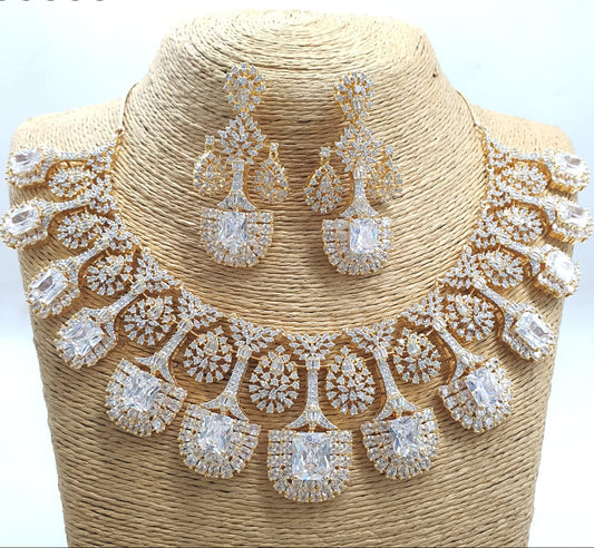 Exclusive Premium Quality CZ Stone Bridal Necklace Set With Earrings - Gold Finish