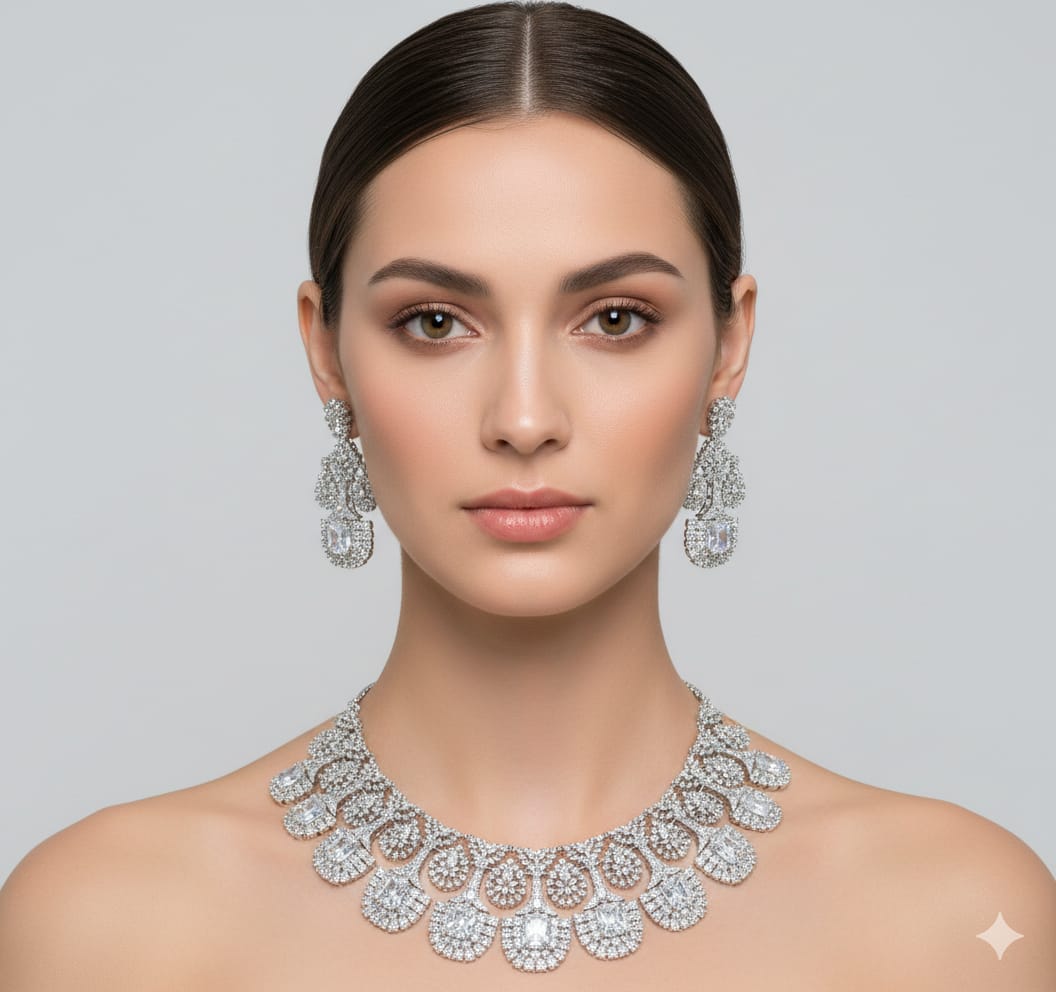 Exclusive Premium Quality CZ Stone Bridal Necklace Set With Earrings - Silver Polish