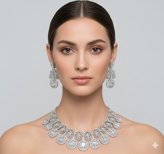 Exclusive Premium Quality CZ Stone Bridal Necklace Set With Earrings - Silver Polish