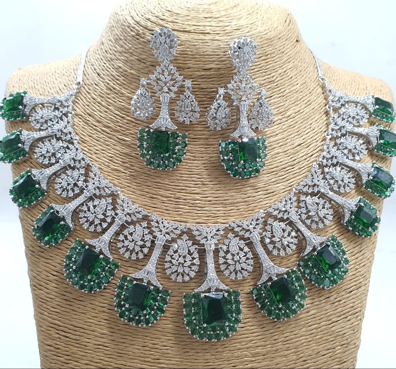 Exclusive Premium Quality CZ Stone Bridal Necklace Set With Earrings - Silver Polish