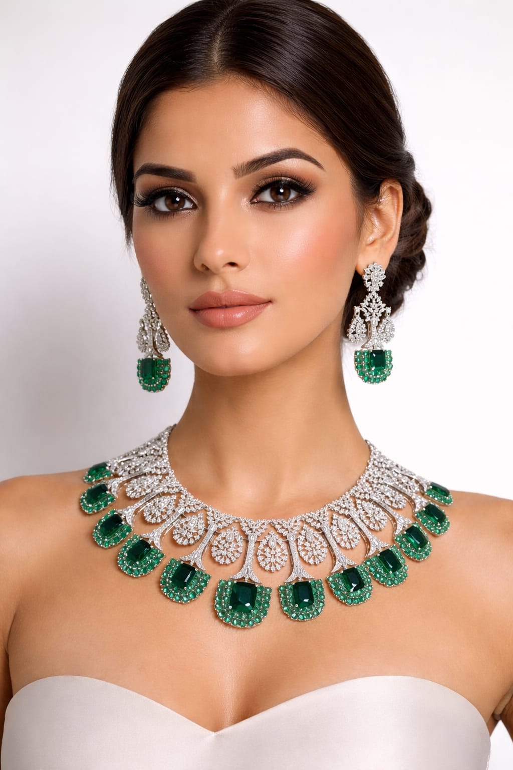 Exclusive Premium Quality CZ Stone Bridal Necklace Set With Earrings - Silver Polish
