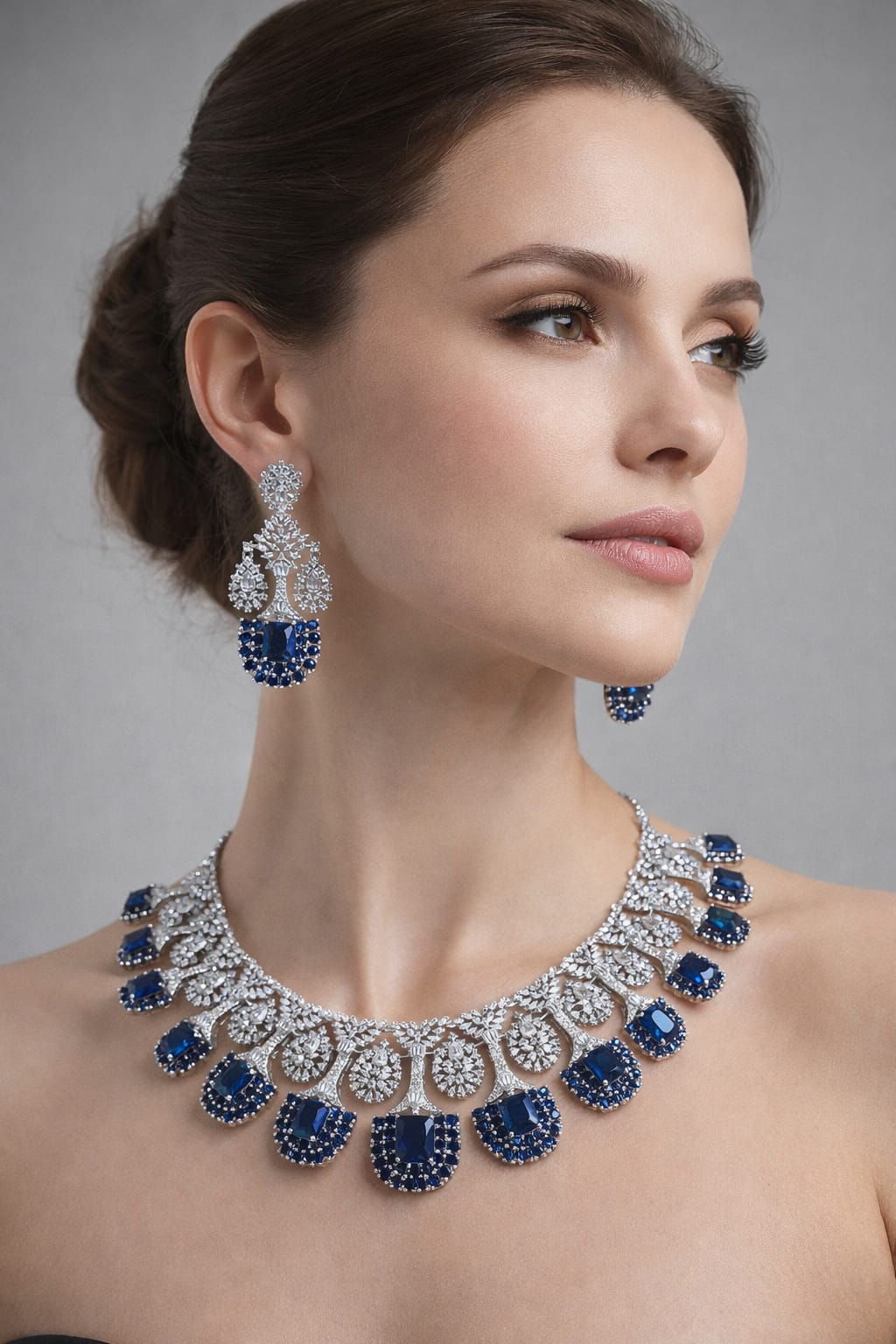 Exclusive Premium Quality CZ Stone Bridal Necklace Set With Earrings - Silver Polish