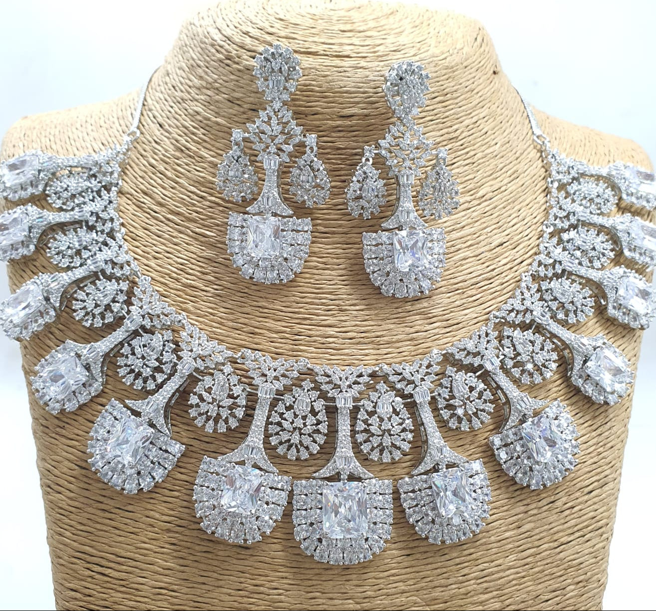 Exclusive Premium Quality CZ Stone Bridal Necklace Set With Earrings - Silver Polish