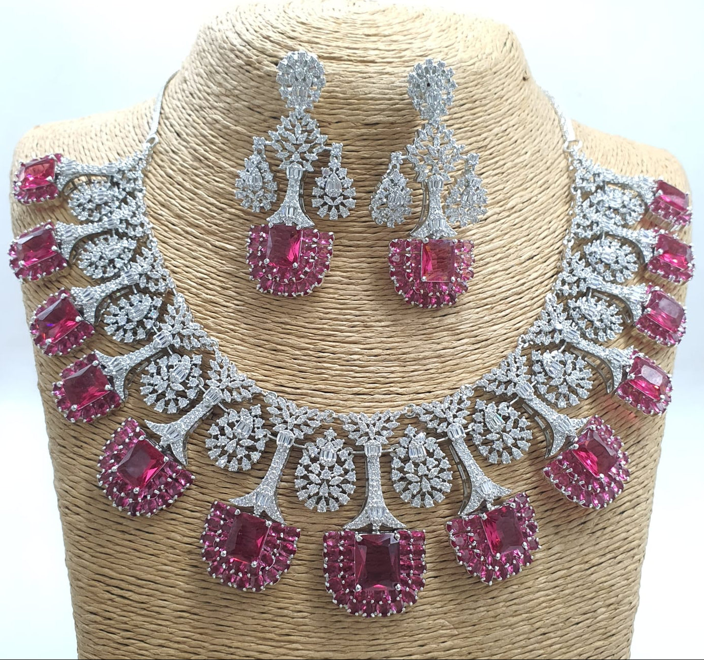 Exclusive Premium Quality CZ Stone Bridal Necklace Set With Earrings - Silver Polish