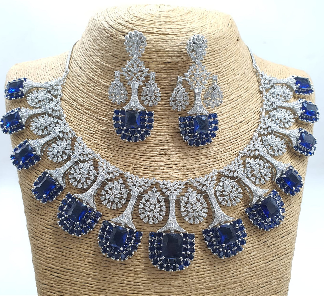 Exclusive Premium Quality CZ Stone Bridal Necklace Set With Earrings - Silver Polish