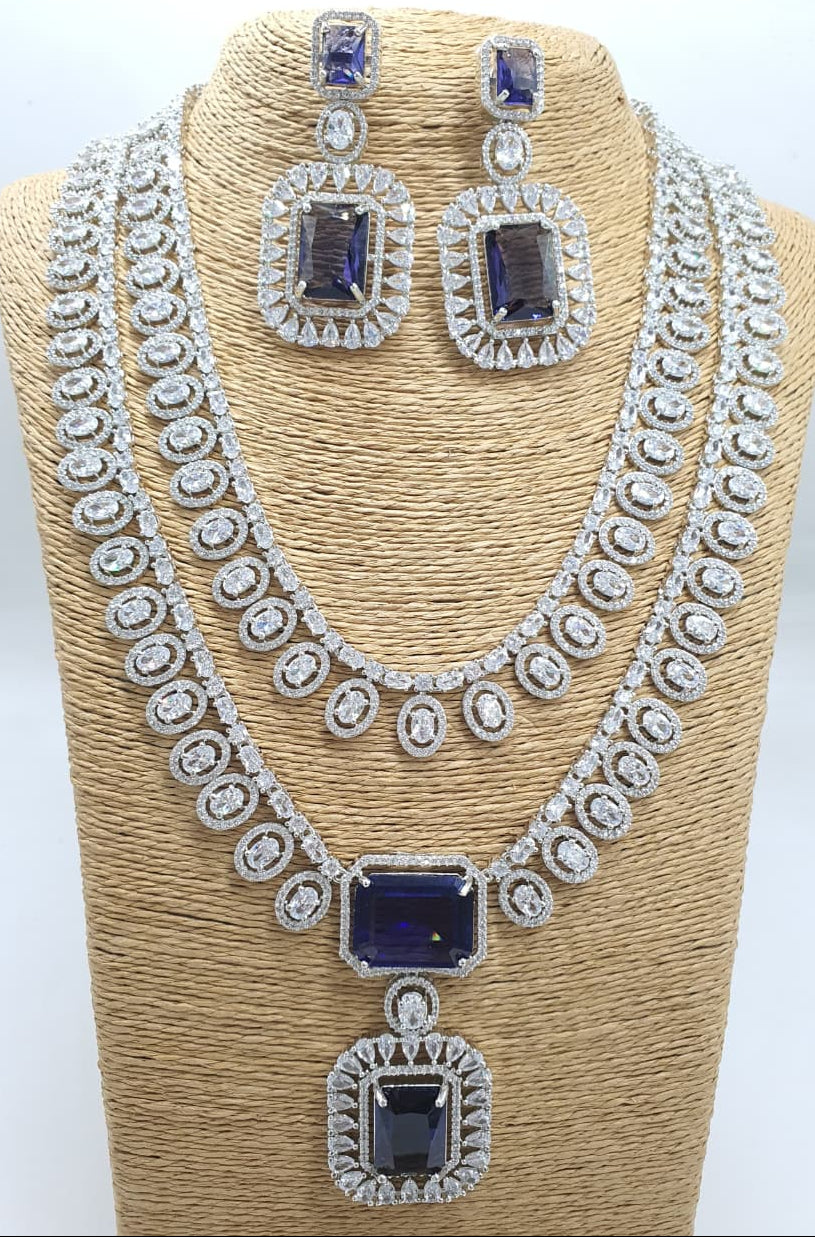 Exclusive Premium Silver Polish CZ Stone Layer Necklace Set With Earrings- Purple