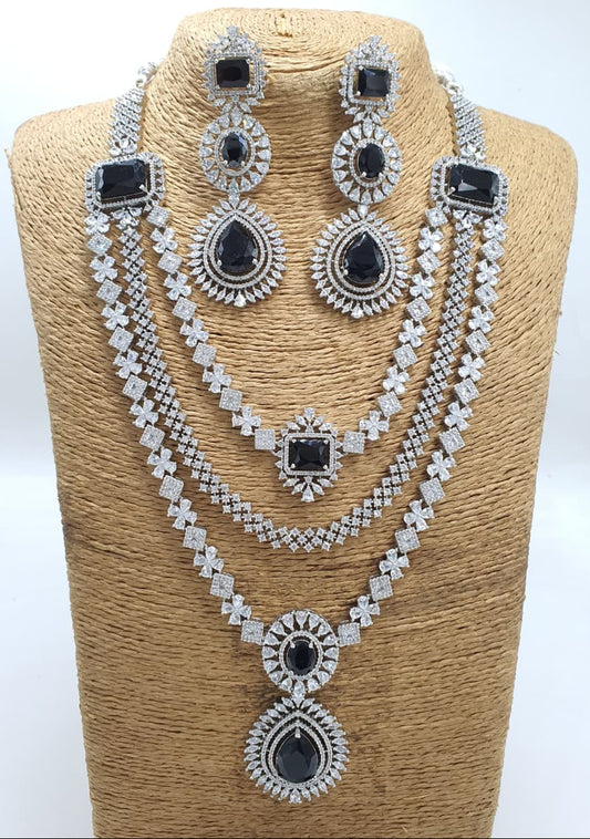 Exclusive Silver Finish CZ Stone Three Layer Necklace Set With Earrings - Premium Quality