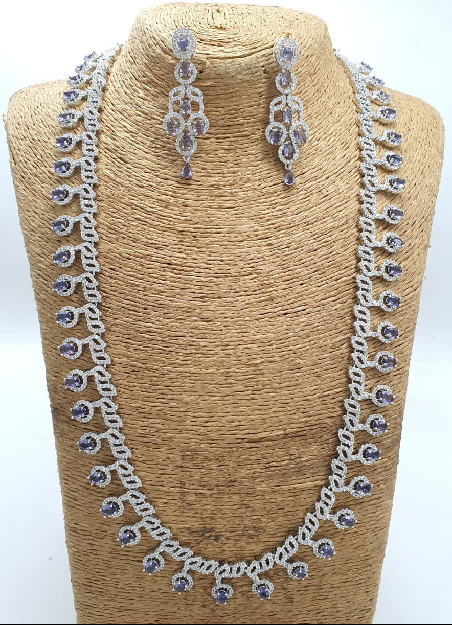 Exquisite Designer  Party Wear Purple Drop Long Necklace Set With Earrings