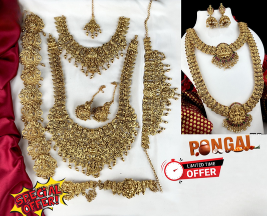 Beautiful Temple Jewelry Matte Full Bridal Set Haram Necklace Set with Earrings- Pongal Offer