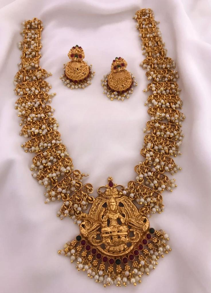 Trendy Beaded Matte Temple Jewelry Medium Lakshmi Haram Necklace Set with Jhumkas