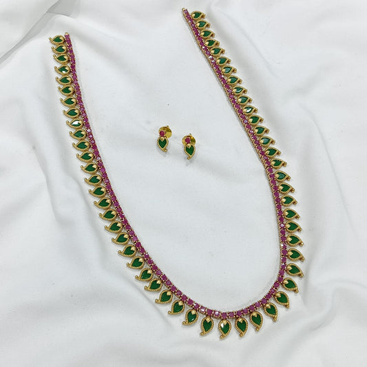 Exqusite Designer Mango Haram Long Necklace Set with Earrings-Red and Green