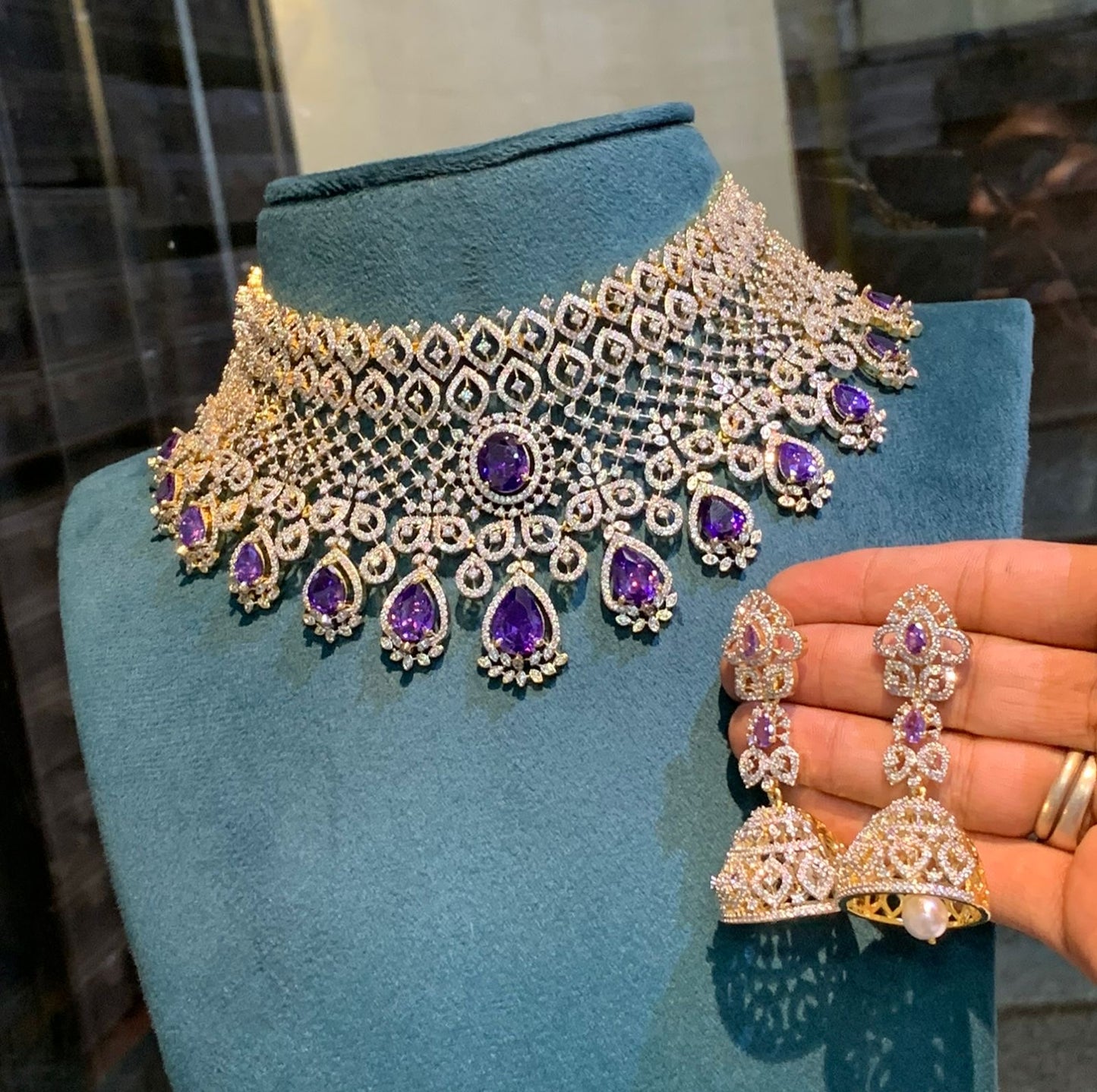 Trendy And Stylish GJ Polish CZ Stone Bridal Choker Necklace Set With Jhumkas Earrings