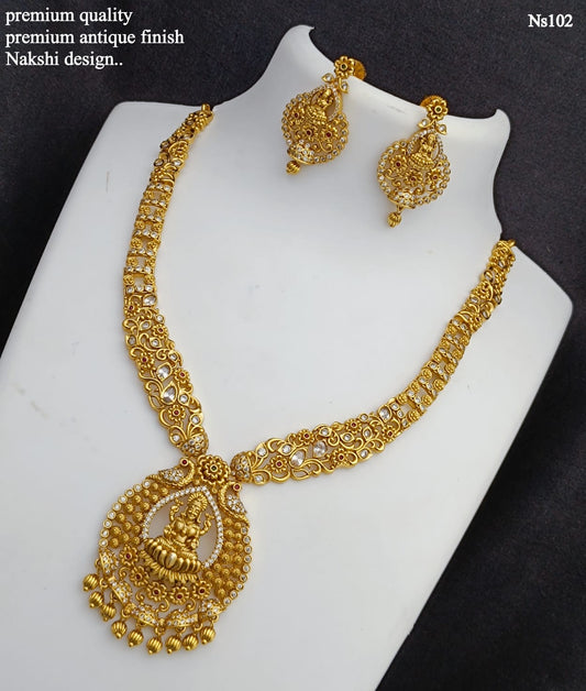 Antique Nakshi Design Temple Jewelry - Lakshmi Necklace with Earrings