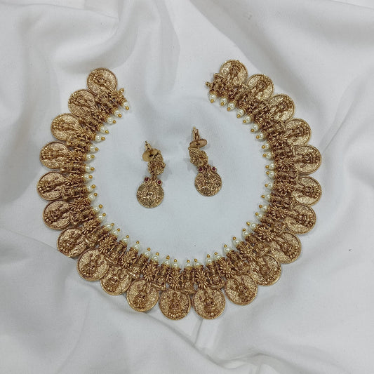 Premium Matte Finish Stone Kasu Necklace Set - Temple Jewelry