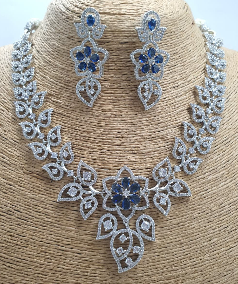 Floral Elegance Silver Finish CZ Stone Necklace Set With Earrings