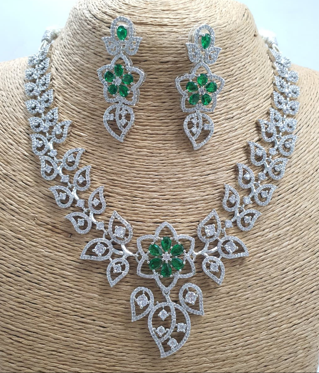 Floral Elegance Silver Finish CZ Stone Necklace Set With Earrings