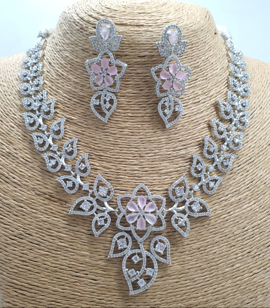 Floral Elegance Silver Finish CZ Stone Necklace Set With Earrings