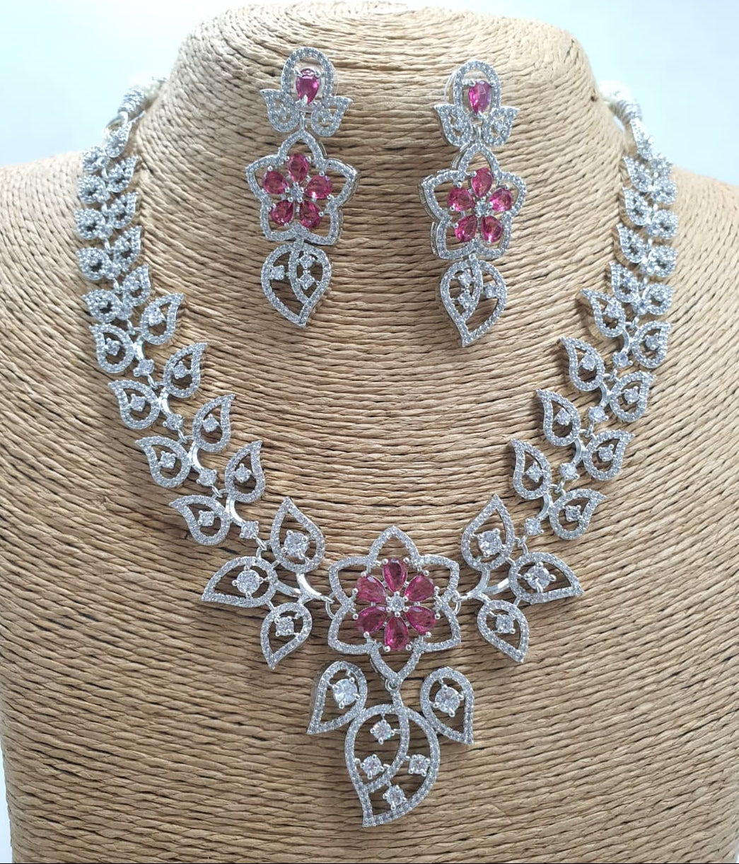 Floral Elegance Silver Finish CZ Stone Necklace Set With Earrings