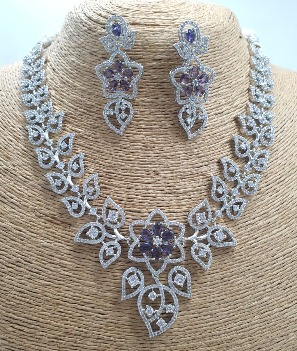 Floral Elegance Silver Finish CZ Stone Necklace Set With Earrings