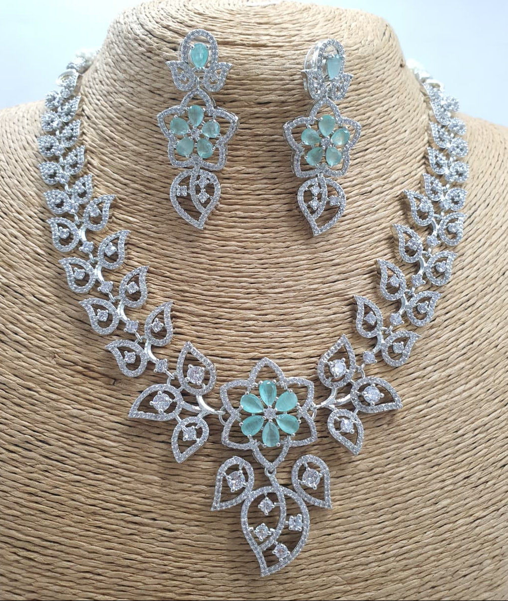 Floral Elegance Silver Finish CZ Stone Necklace Set With Earrings