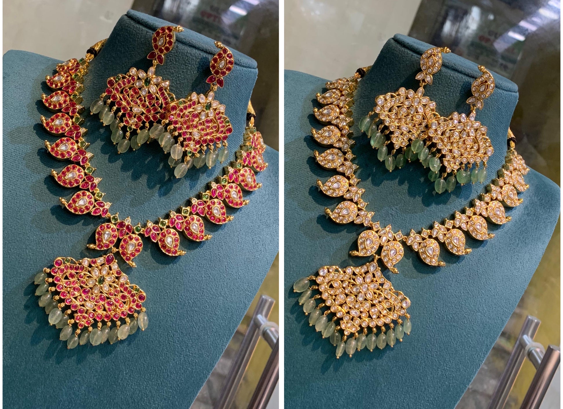 Glamorous Bridal Polki Kundan Jewelry Reversible 2in1 Premium Quality Necklace with Monalisa Beads