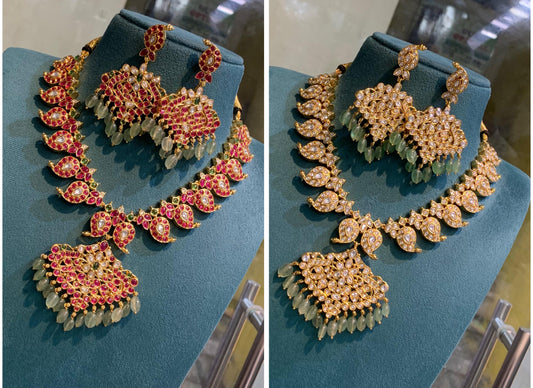 Glamorous Bridal Polki Kundan Jewelry Reversible 2in1 Premium Quality Necklace with Monalisa Beads