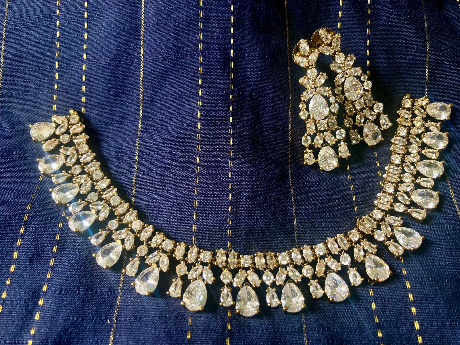 Gold-Plated Pear-Cut Cubic Zirconia Necklace with Matching Drop Earrings