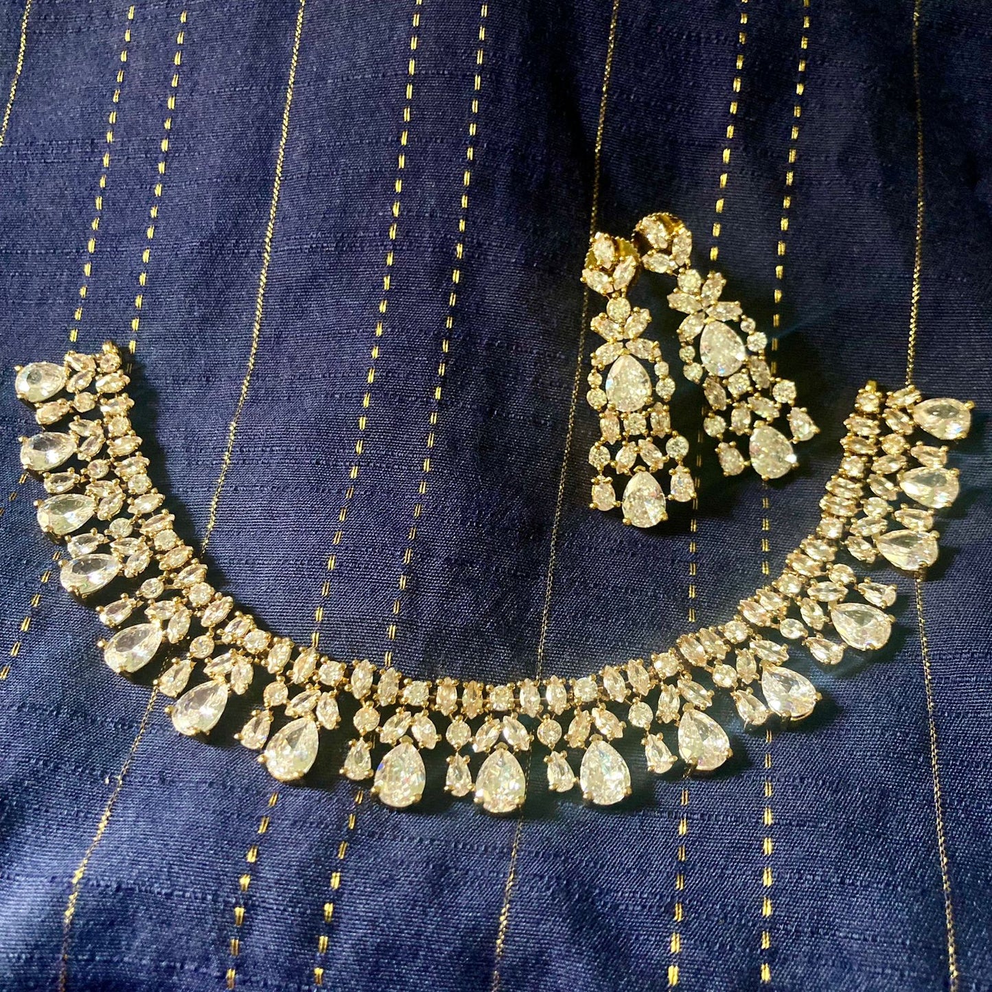 Gold-Plated Pear-Cut Cubic Zirconia Necklace with Matching Drop Earrings