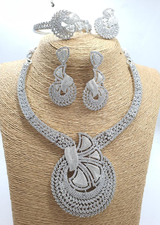 Grand Bridal Cz Stone Necklace Set With Earrings, Bracelet And Ring