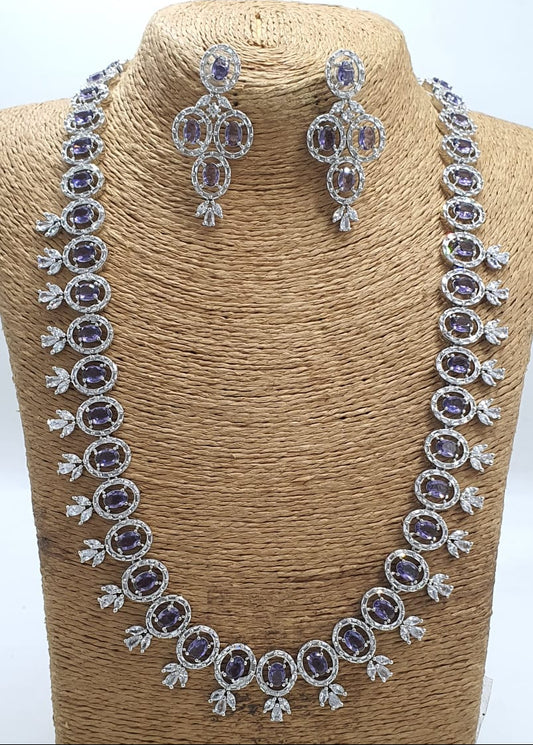 Grand Party Wear Purple Stone Floral Necklace Set with Earrings - Silver Finish