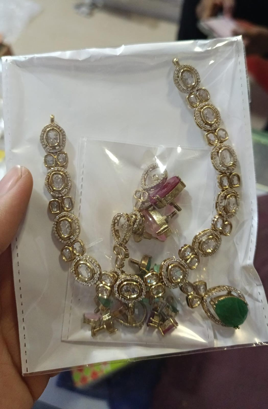 Grand Polki Uncut stones Necklace with Earrings - Green-Premium quality