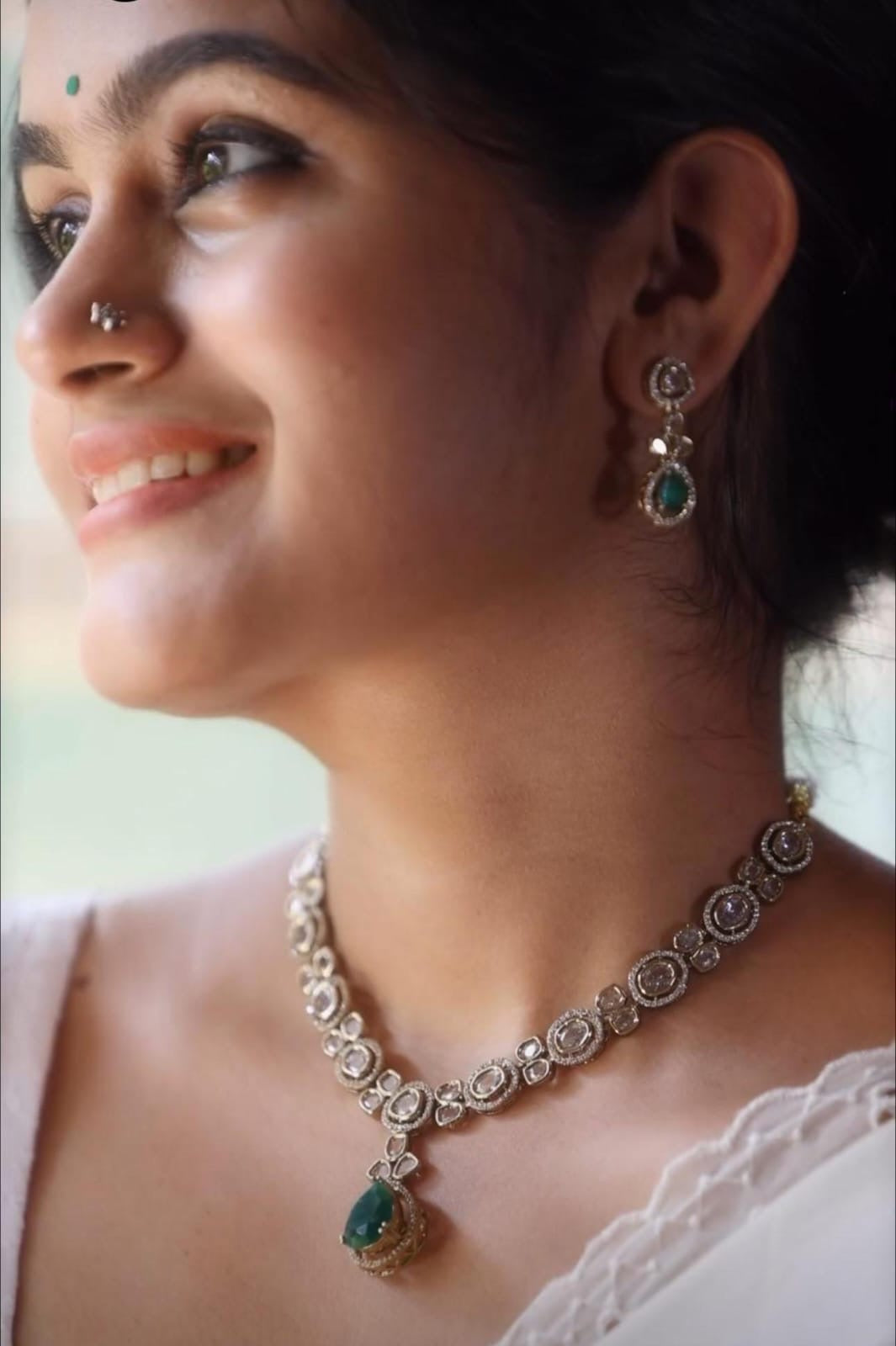 Grand Polki Uncut stones Necklace with Earrings - Green-Premium quality