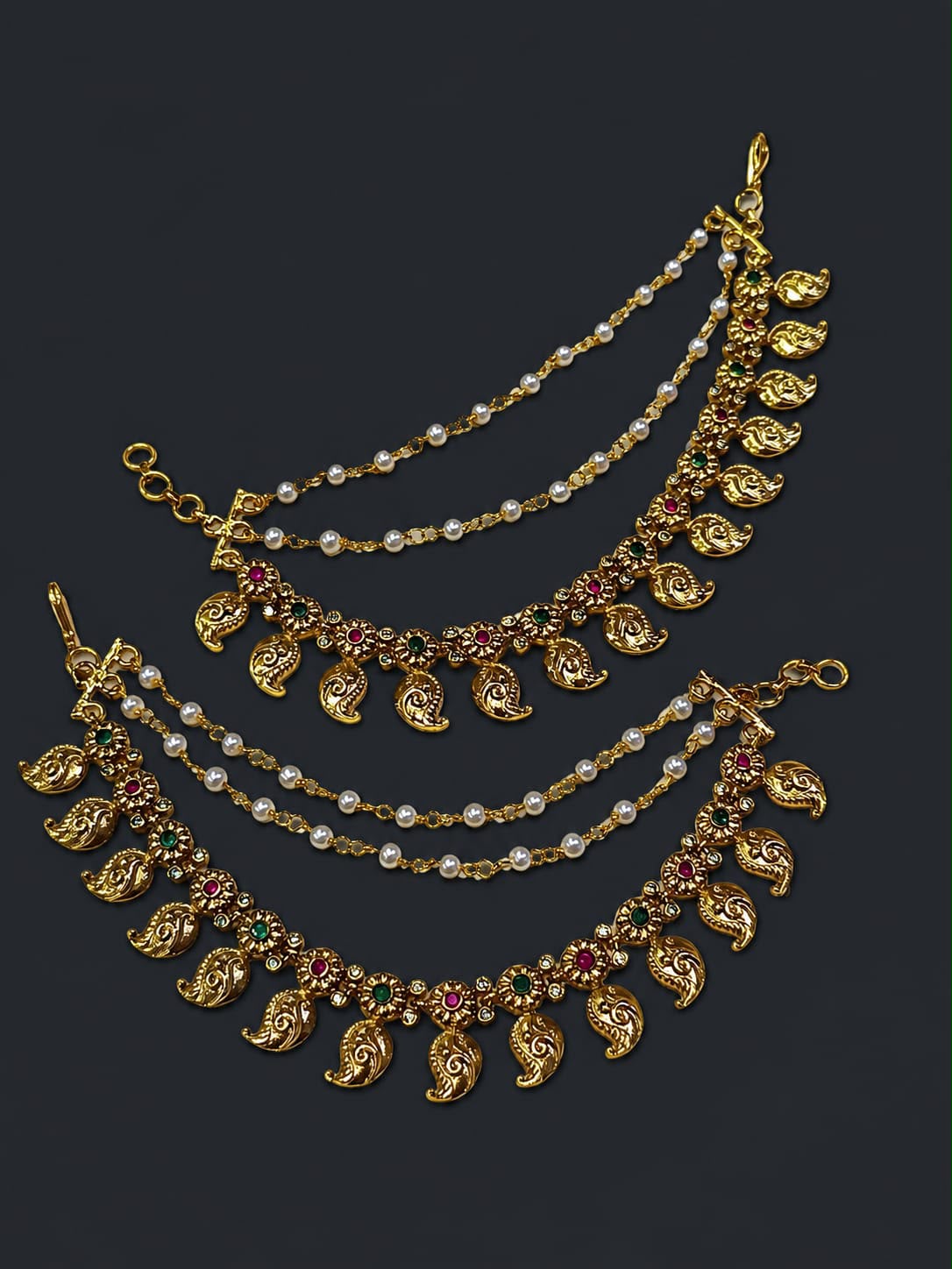 Grand Bridal Flower Motif Earchains For Earrings- Bridal Maatal- Chempaswaralu