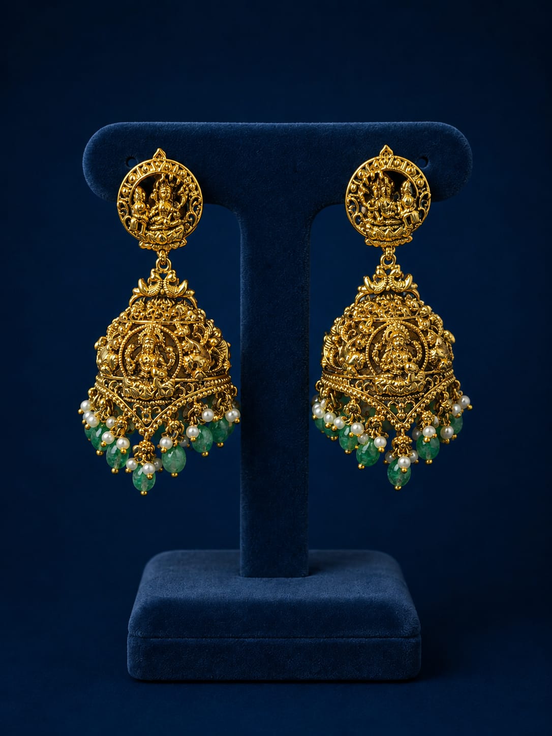 Heritage Bridal Lakshmi Jhumka Earrings With Green Beads - Premium Quality