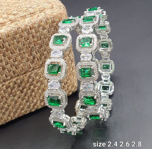 Beautiful American Diamond Broad Bangles -Green CZ stone Silver Bangles -set of 2