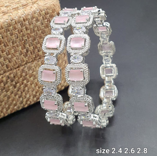 Beautiful American Diamond Broad Bangles -Pink CZ stone Silver Bangles -set of 2