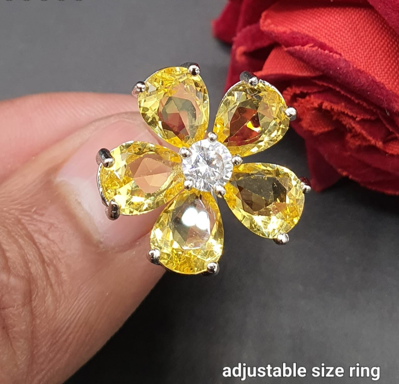 Elegant Adjustable Flower Rings Designer American Diamond Jewelry- Silver polished