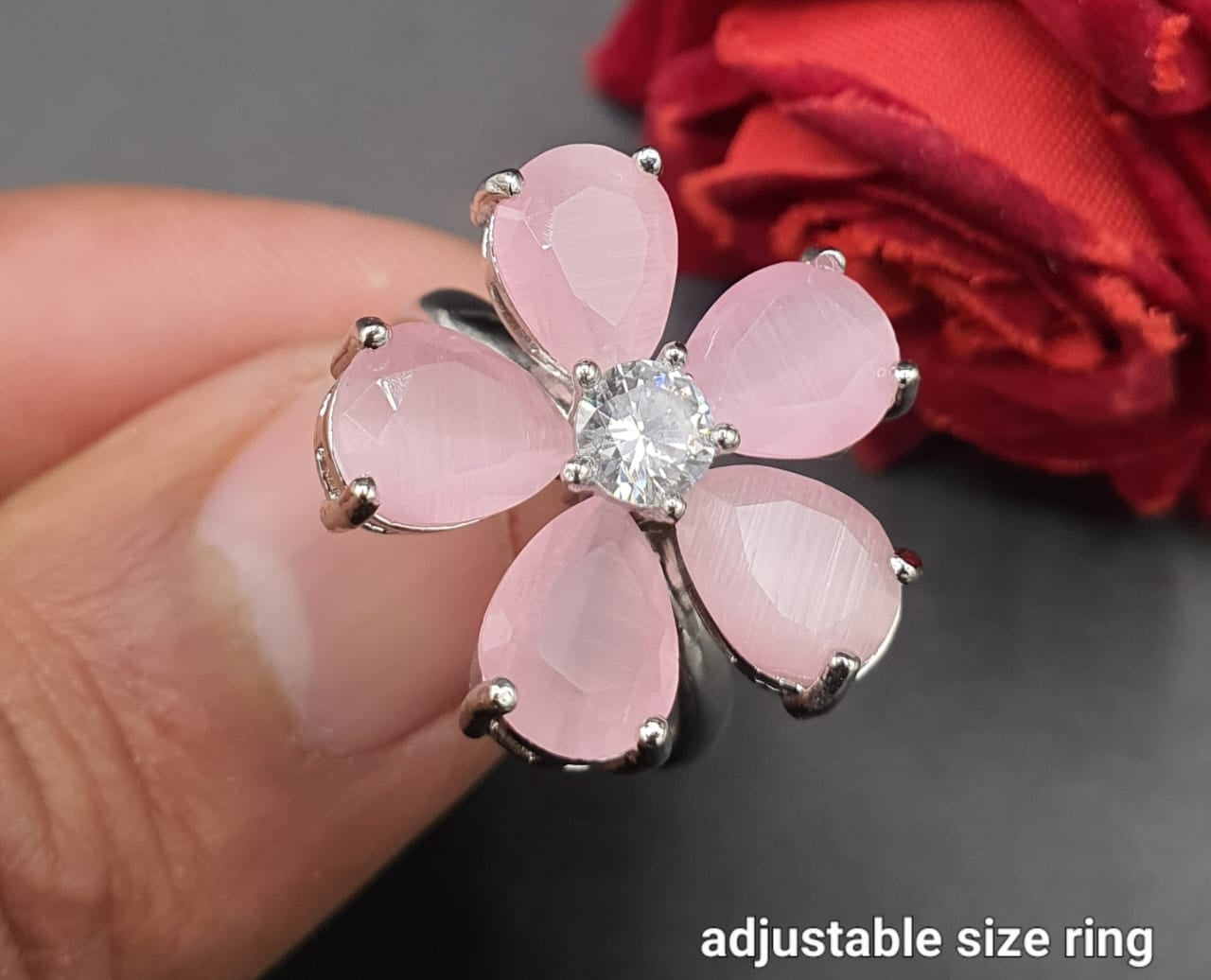 Elegant Adjustable Flower Rings Designer American Diamond Jewelry- Silver polished