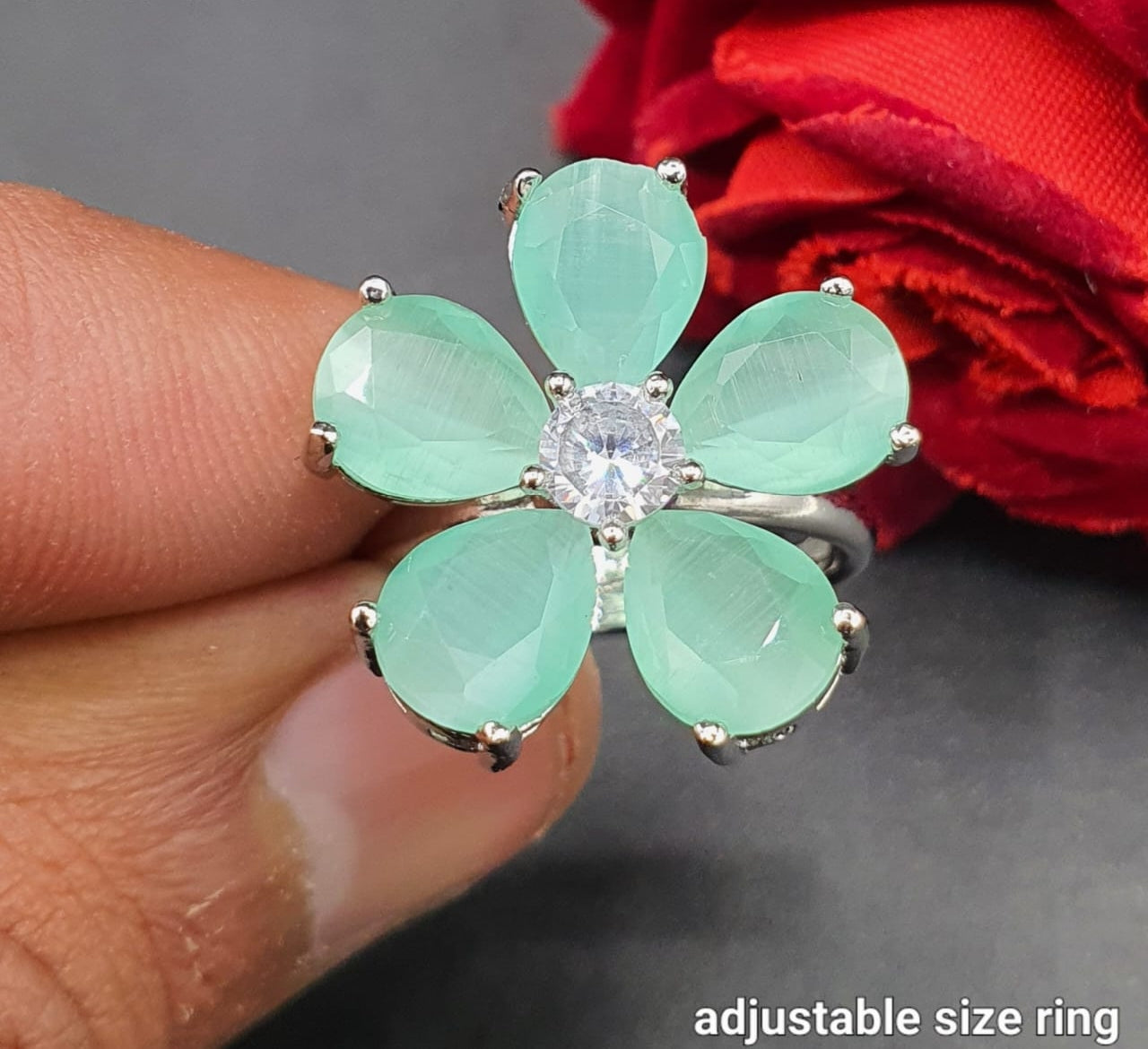 Elegant Adjustable Flower Rings Designer American Diamond Jewelry- Silver polished