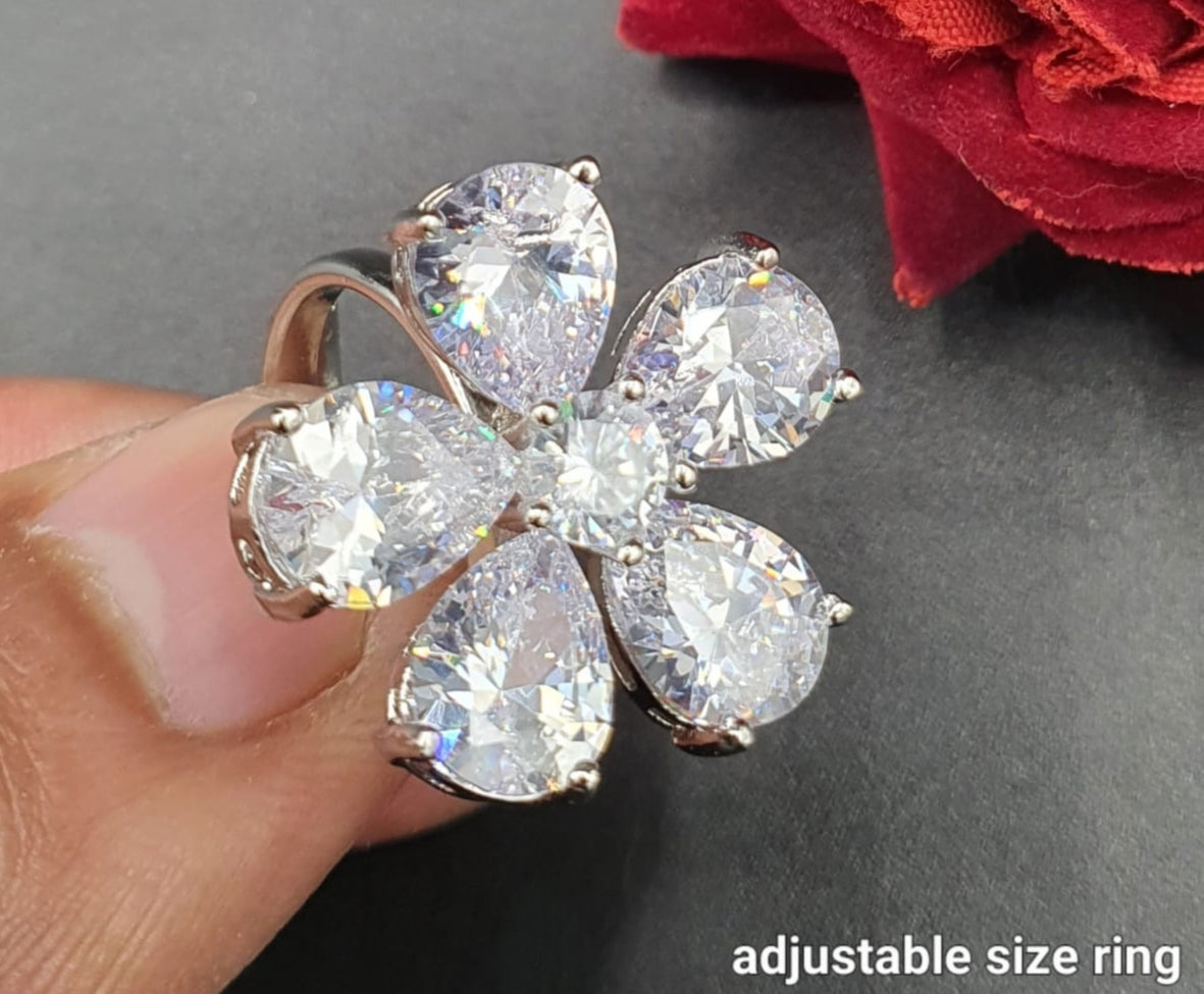 Elegant Adjustable Flower Rings Designer American Diamond Jewelry- Silver polished