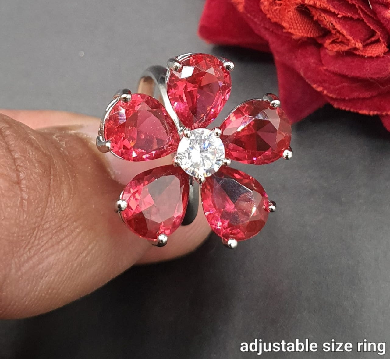 Elegant Adjustable Flower Rings Designer American Diamond Jewelry- Silver polished