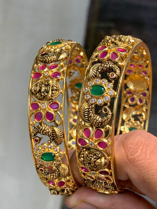 Beautiful Bridal Kemp Matte Finish Bangles Peacock Design -Set of 2- Temple Jewelry