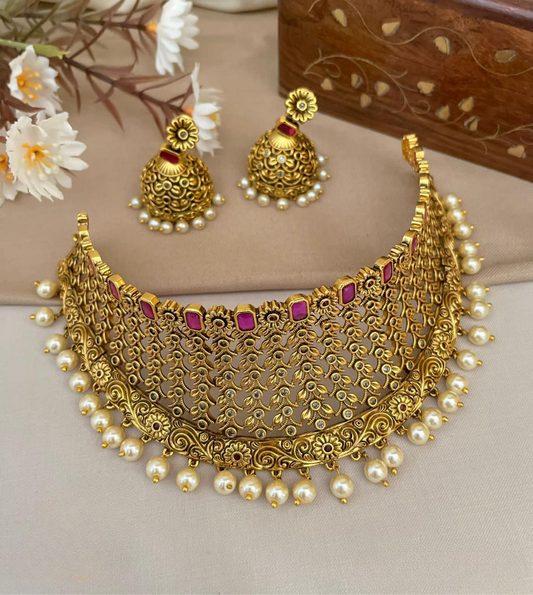 Trendy Fashion Jewelry Matte Finish Choker Necklace Set with Jhumkas