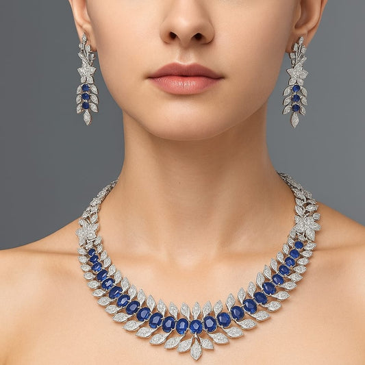 Latest Design Partywear CZ Stone  Necklace Set With Earrings - Silver Finish