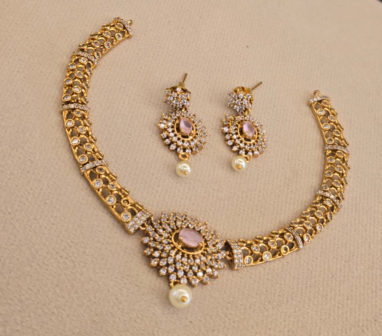 Latest Matte Cz Stone Pendant Kanti Necklace and Earrings