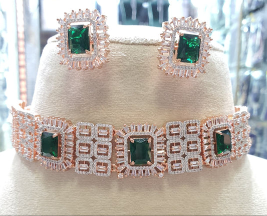 Latest Premium Bridal CZ Stone Rosegold Finish Necklace Set With Earrings - Green