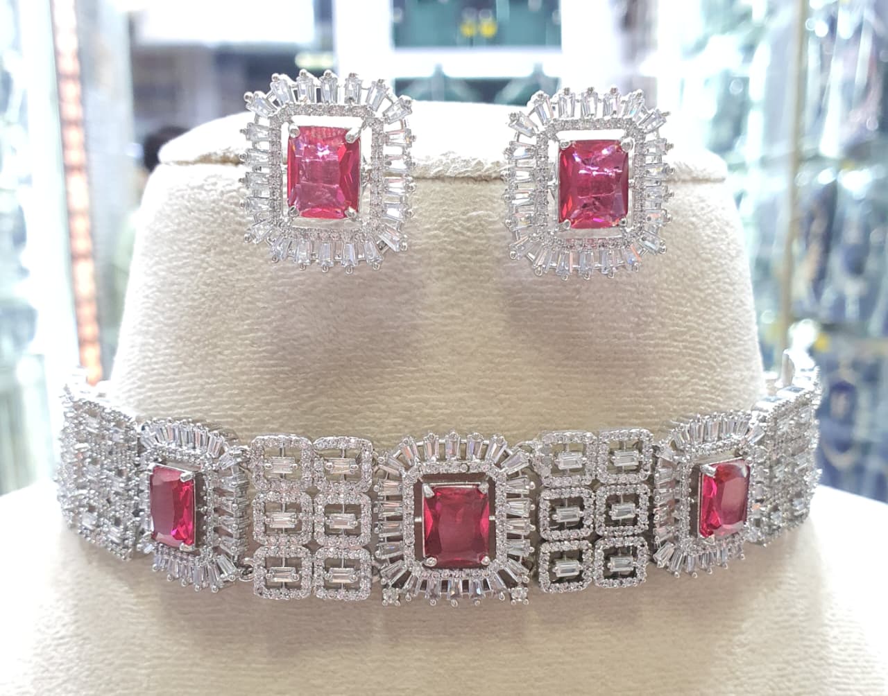 Latest Premium Bridal CZ Stone Silver Finish Necklace Set With Earrings